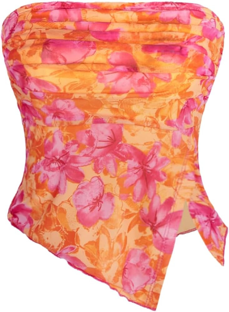 Milumia Women Floral Mesh Strapless Ruched Tube Top Split Hem Sleeveless Bandeau Crop Tops | Amazon (US)