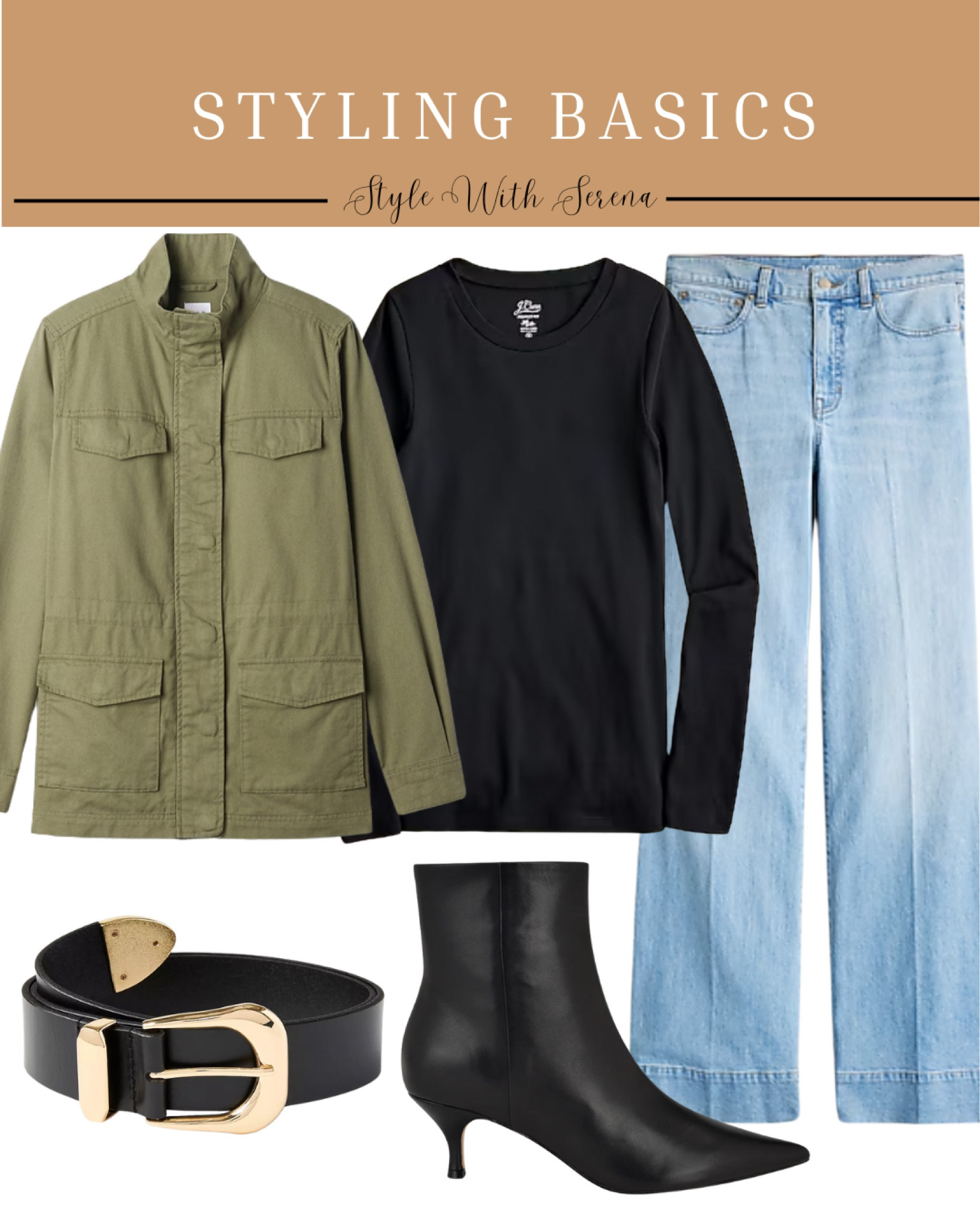 Styling basics, closet basics, wardrobe staples, black tee, army green jacket, utility jacket, jeans, denim, booties, belt 

#LTKMidsize #LTKStyleTip #LTKOver40