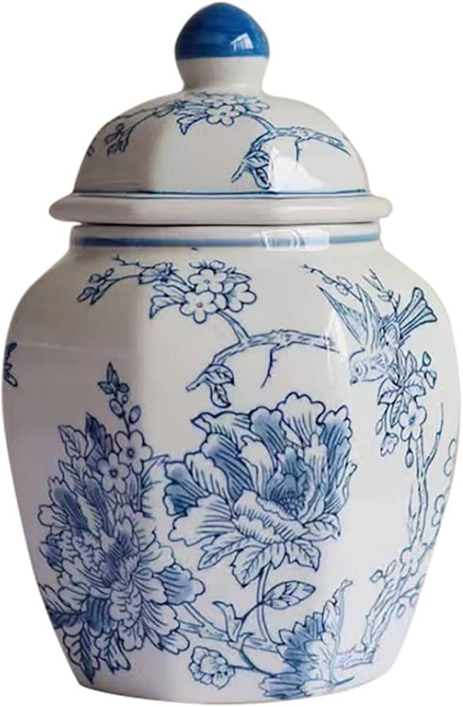 Blue White Decorative Ginger Jar - flowers bird ginger jar vase with Lid， Tea Storage, 12 inche... | Amazon (US)