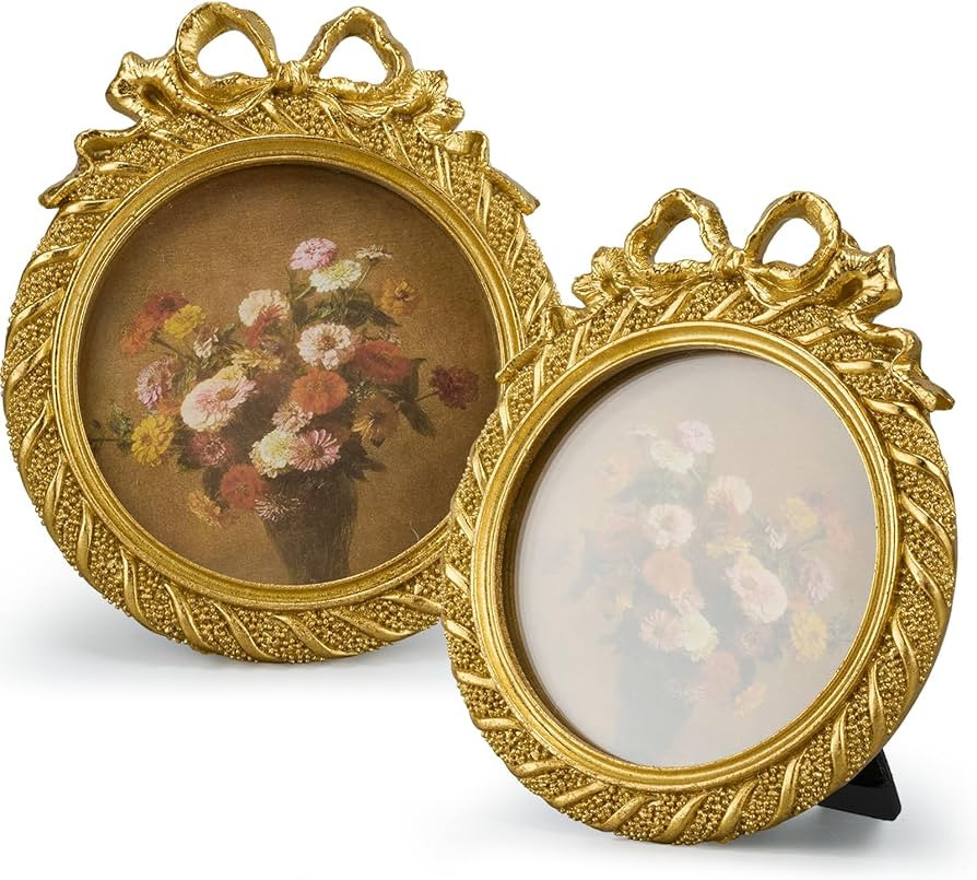 Chunful 1 Pcs Vintage Gold Bow Picture Frames Antique Baroque Photo Frames Ornate Resin with Glas... | Amazon (US)