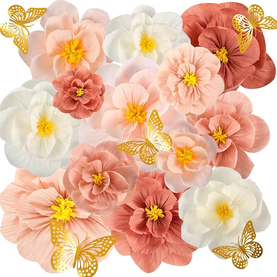 36 Pcs Tissue Paper Flowers, Crepe Paper Flowers Decorations, Large Paper Flower w 3D Butterfly f... | Amazon (US)