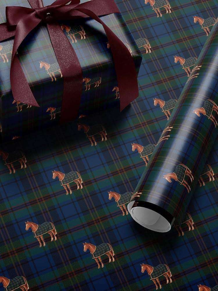 Equestrian Plaid Wrapping Paper, Blue Green Tartan Lodge Stable Horse Packaging Papers, Bulk Gift... | Amazon (US)