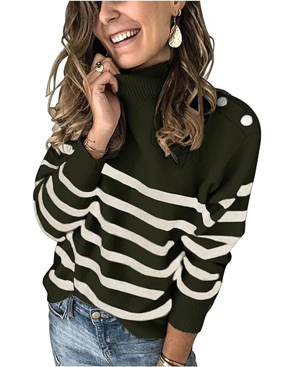 KIRUNDO Women's 2025 Fall Winter Long Sleeve Knit Sweater Turtleneck Striped Loose Pullover Tops ... | Amazon (US)
