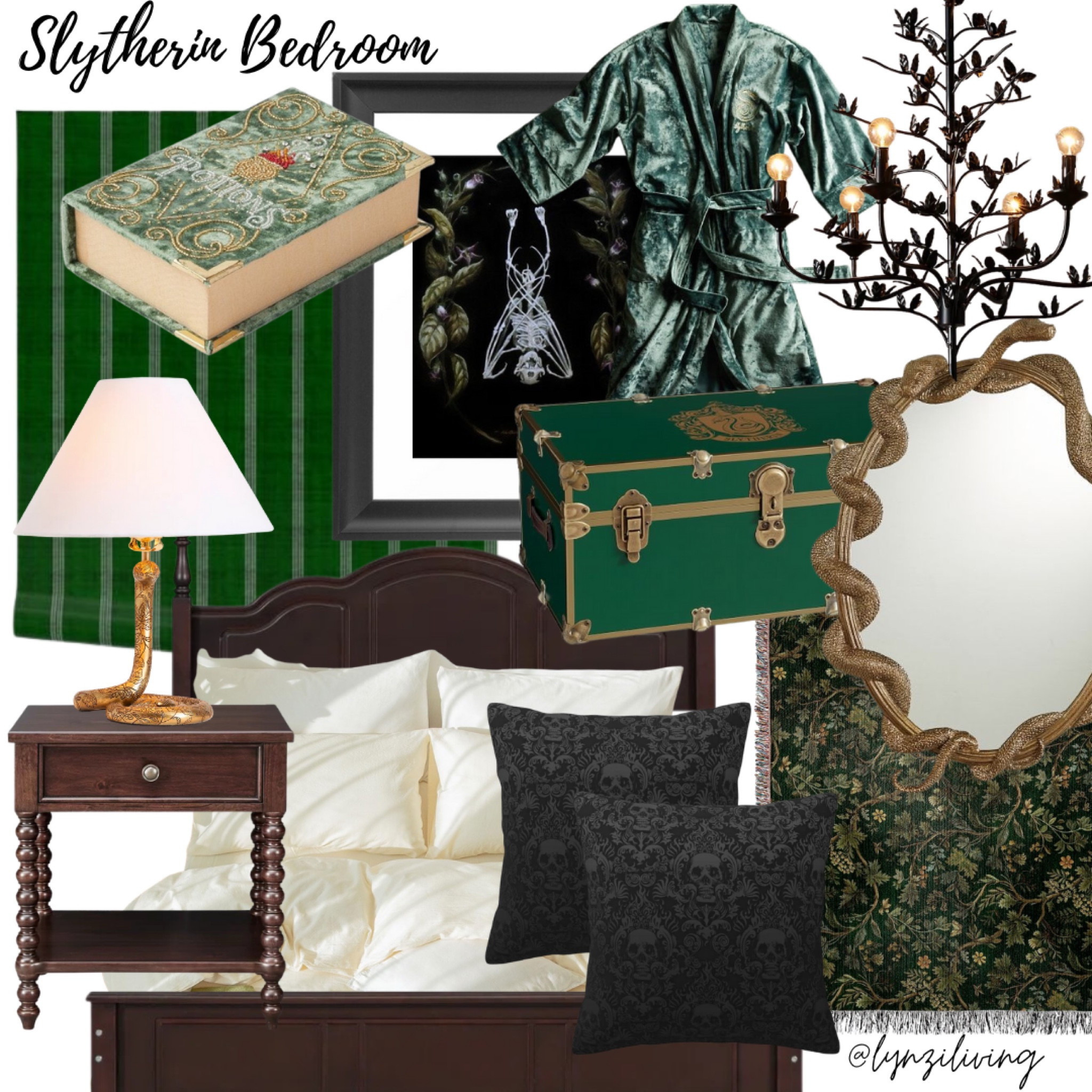 Shop the Room - Slytherin Bedroom 

Home decor, home decorations, bedroom decor, bedroom decorations, Slytherin decor,Slytherin decorations, Harry Potter decor, Harry Potter book box, potions book box, Slytherin wallpaper, green striped wallpaper, Slytherin robe, dark wall art, witchy wall art, Gothic wall art, Gothic chandelier, black chandelier, Gold snake mirror, green throw blanket, black throw blanket, black throw pillows, dark wood bedframe, dark wood nightstand, cream duvet set, gold snake table lamp, green trunk

#LTKMostLoved #LTKKids #LTKHome