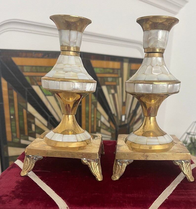 Brass Mother of Pearl Inlay Footed Candlestick Candle Holders Set of 2 | Etsy (US)
