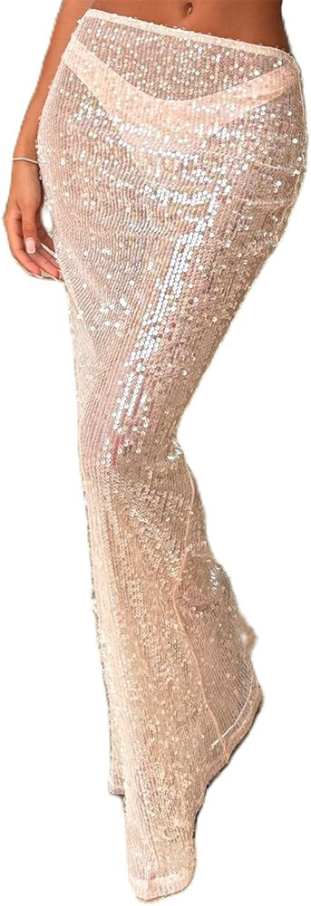 Women Sexy Sequin Maxi Skirt Low Rise See Through Sparkly Bodycon Long Mermaid Skirt Summer Trend... | Amazon (US)
