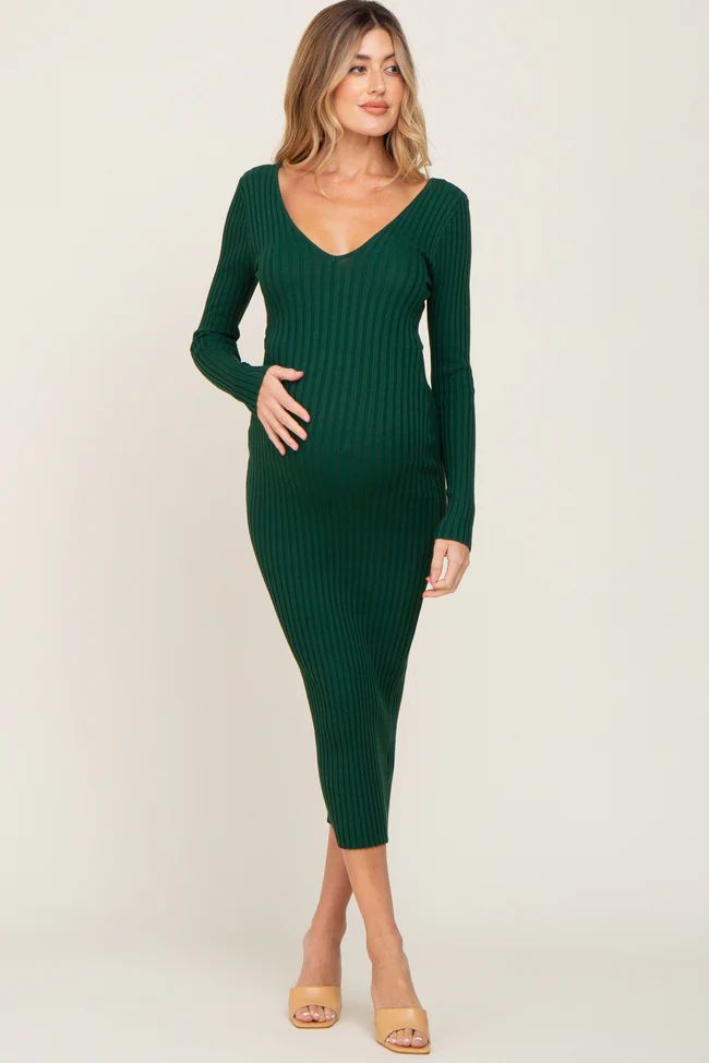 Forest Green V-Neck Long Sleeve Fitted Maternity Maxi Dress | PinkBlush Maternity