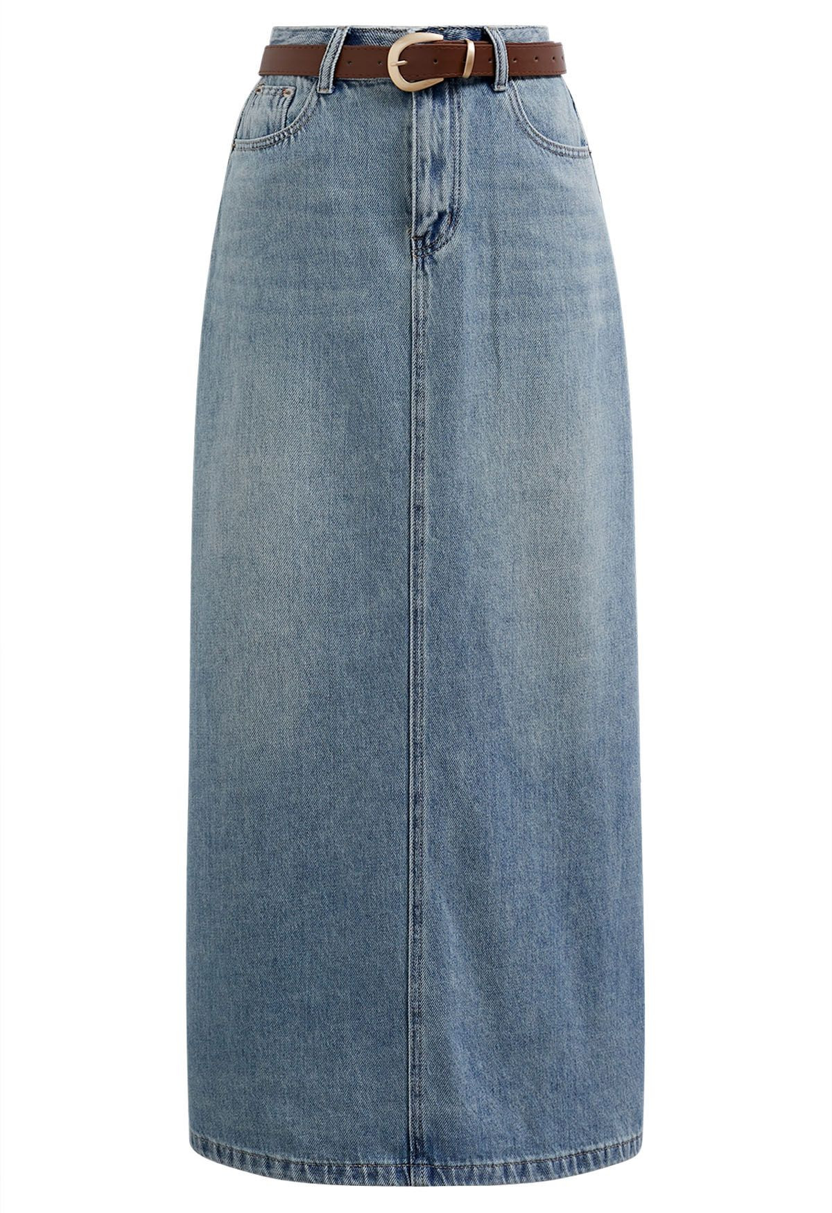 Slit Back Belted Denim Maxi Skirt in Blue | Chicwish