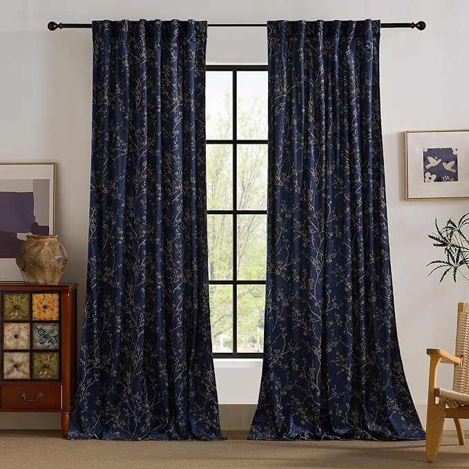 StangH Blue Print Floral Curtains with Golden Branch Super Soft Velvet Privacy Curtains 96 inches... | Amazon (US)