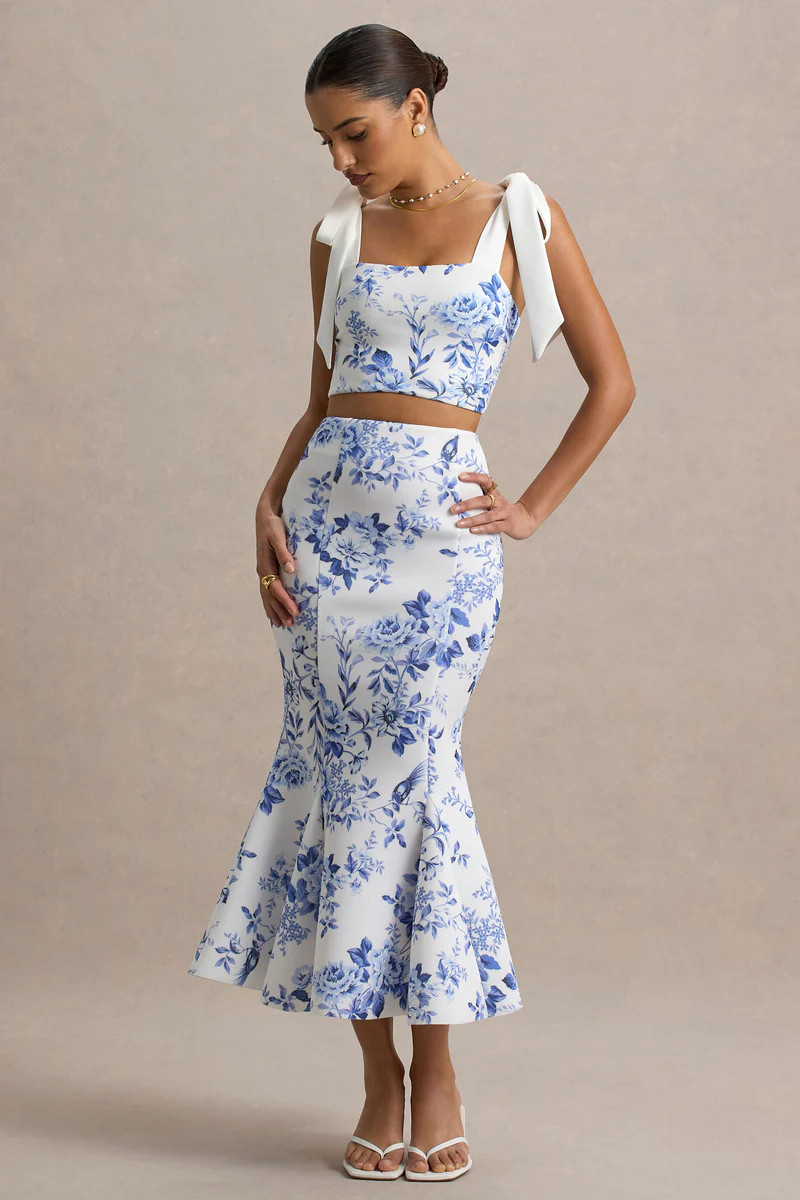 Amadea  Blue Porcelain Print Fishtail Midi Skirt | Club L London