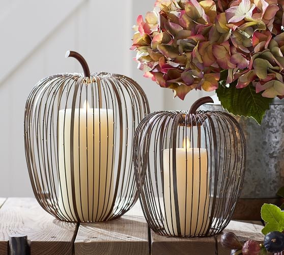 Beaded Wire Pumpkin Hurricane - Weathered Metal | Pottery Barn (US)