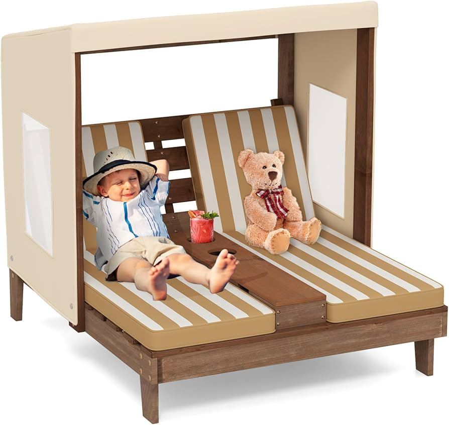 Costzon Kids Lounge Chair Outdoor, Wood Double Seat Chaise Lounge with Canopy, Cup Holders, Cushi... | Amazon (US)