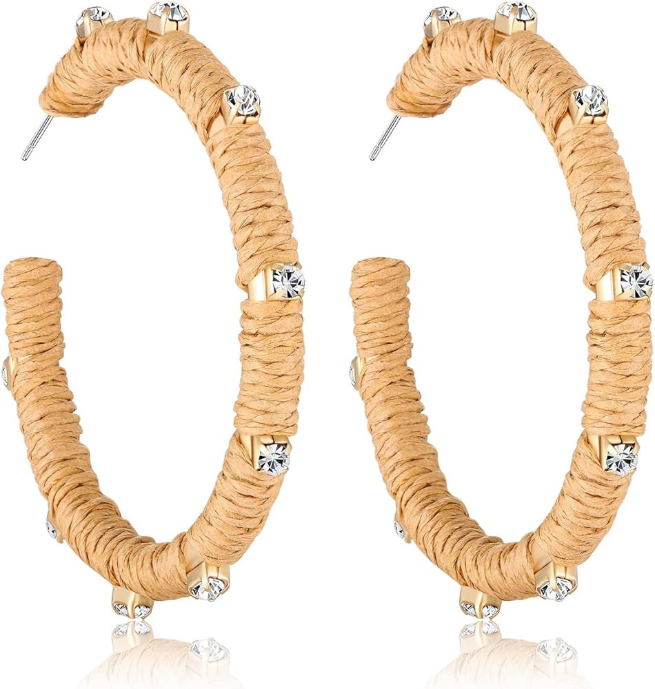 Rattan Earrings for Women Boho Statement Rhinestone Rattan Big Hoop Earrings Handmade Raffia Woven S | Amazon (US)