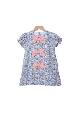 Apricot and Blue Fall Floral Bow Dress | The Smocked Flamingo