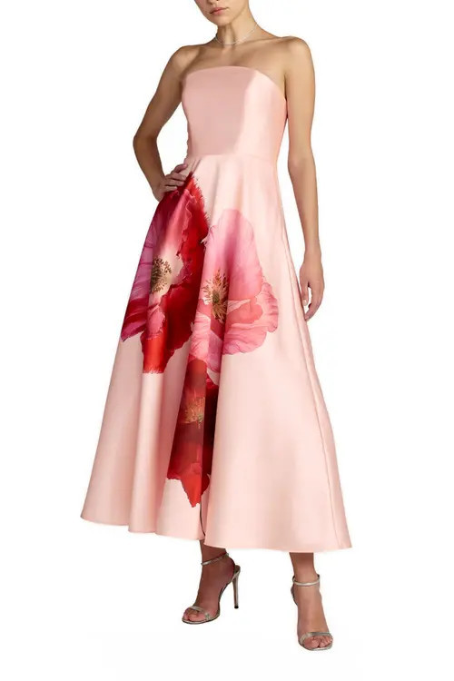 Mac Duggal Strapless A Line Midi Dress With Flower Print in Blush Multi at Nordstrom, Size 14 | Nordstrom