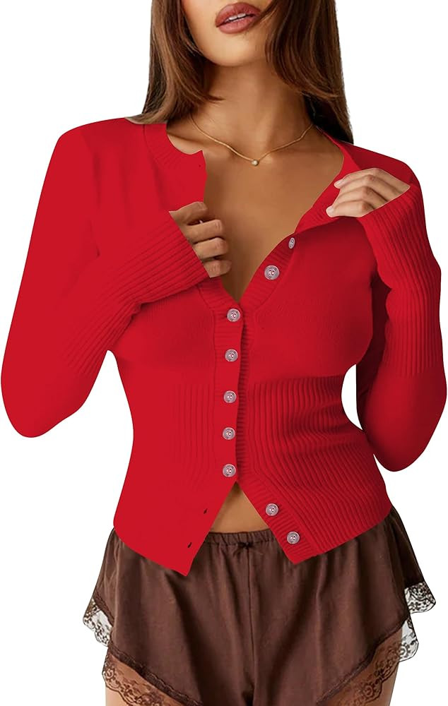 Womens Open Front Button Up Cropped Cardigan Ribbed Knit Long Sleeve Shirt Casual Solid Crop Top ... | Amazon (US)