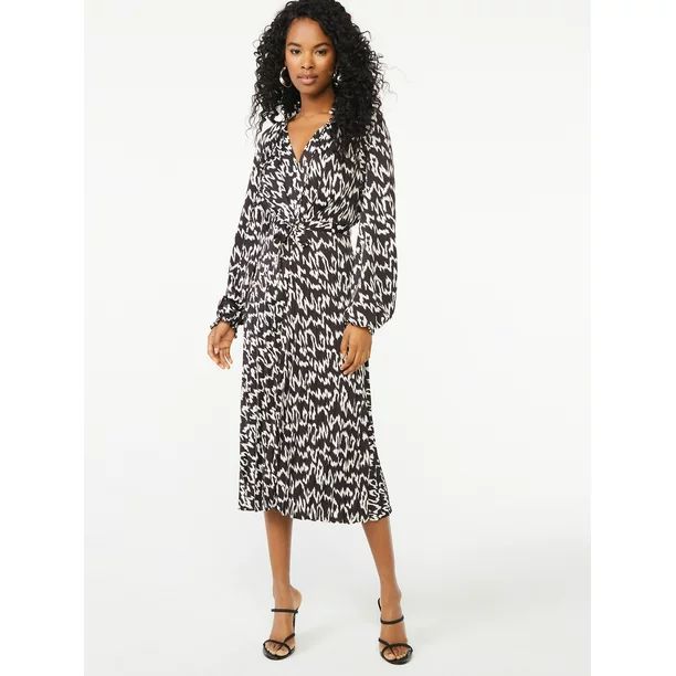 Scoop Women's Long Sleeve Split Neck Pleated Midi Dress - Walmart.com | Walmart (US)