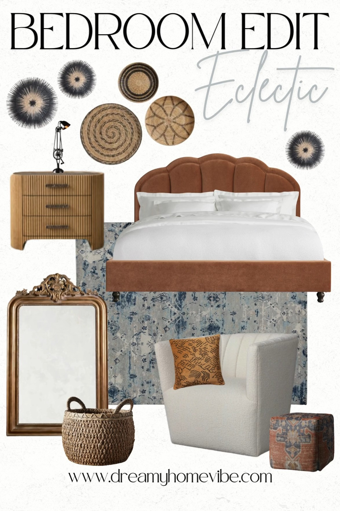 This eclectic bedroom edit is all about layering textures, mixing materials, and curating pieces that truly elevate the space. ✨ Every item in this collection was chosen with a design-first approach—blending vintage charm, organic textures, and modern elegance for a perfectly styled look.

The scalloped velvet bed creates a stunning focal point, complemented by a cozy boucle accent chair and intricate woven wall art. A statement mirror adds depth, while the muted blue rug ties everything together for a balanced, effortless aesthetic. Each piece was carefully selected to maximize style, cohesion, and timeless appeal.

Tap to shop and bring this curated look to life in your own home! 🖤

#EclecticDecor #BedroomDesign #LTKHome #InteriorStyling #HomeDecorLover #ElevatedStyle #MaximalistDecor #InteriorDesign 

 #LTKHome