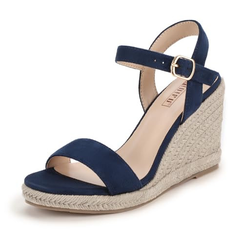 IDIFU Navy Blue Espadrille Wedge Sandals for Women Open Toe Ankle Strap Platform Wedges Heels Causal Summer Wedge Shoes Comfortable Espadrilles Wedges (Navy Blue Suede, 7.5) | Amazon (US)