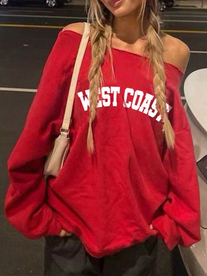 SHEIN Essnce Ladies' Casual Off-shoulder Red Long Sleeve Sweatshirt | SHEIN