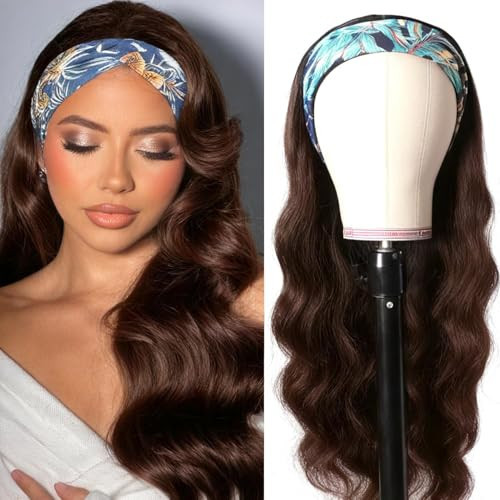 Lauberita Chocolate Brown Headband Wig Human Hair for Women 20 Inch 180% Density Body Wave Headband Wigs Glueless Human Hair Wig(#4, Body Wave) | Amazon (US)