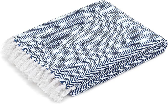 Americanflat Zaina Blue and White Herringbone Cotton Blanket Throw with Fringe - 50x60 Inches | Amazon (US)