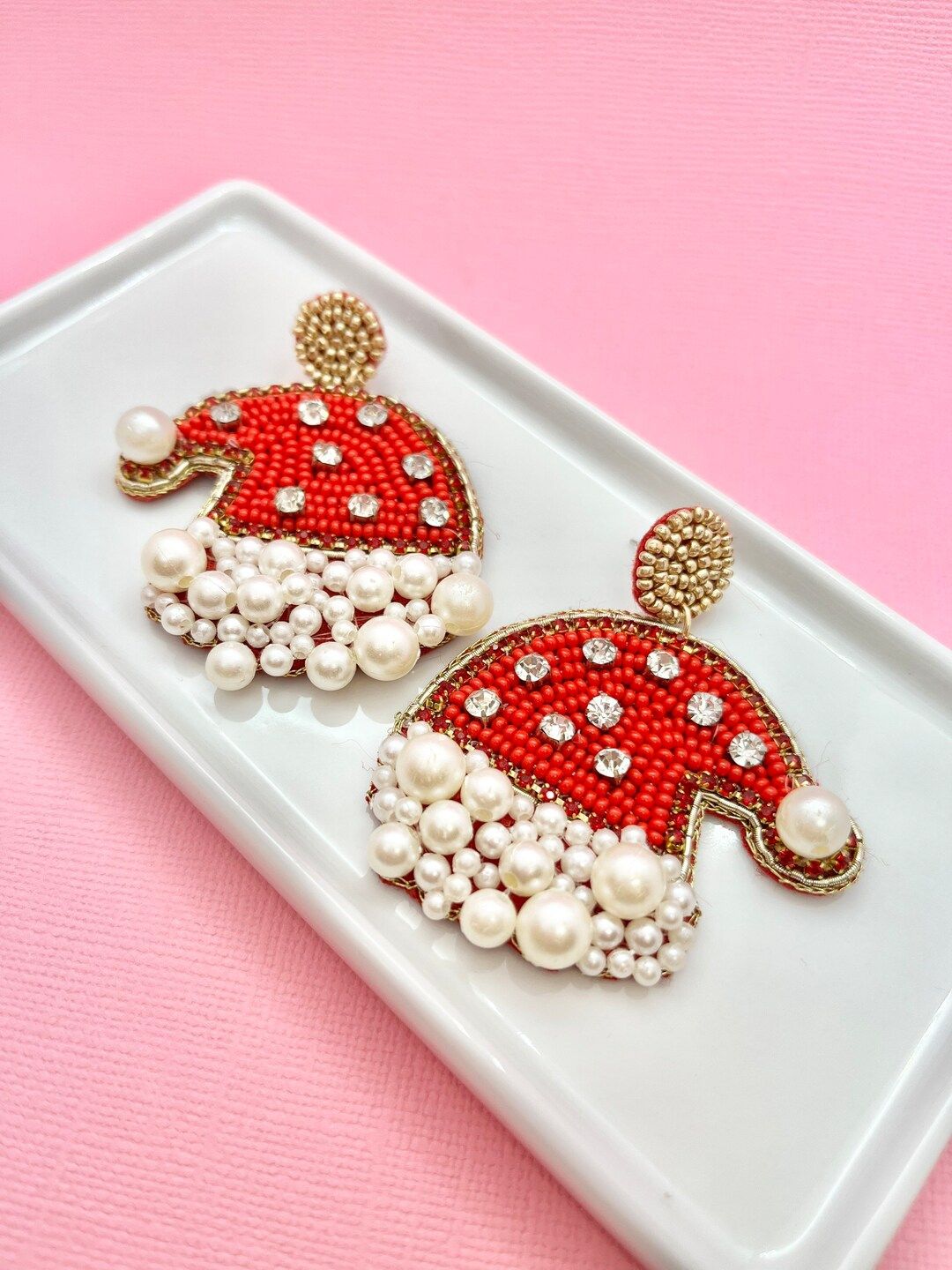 Red Beaded and Pearl Santa Hat Earrings, Christmas Earrings, Secret Santa, White Elephant, Stocki... | Etsy (US)