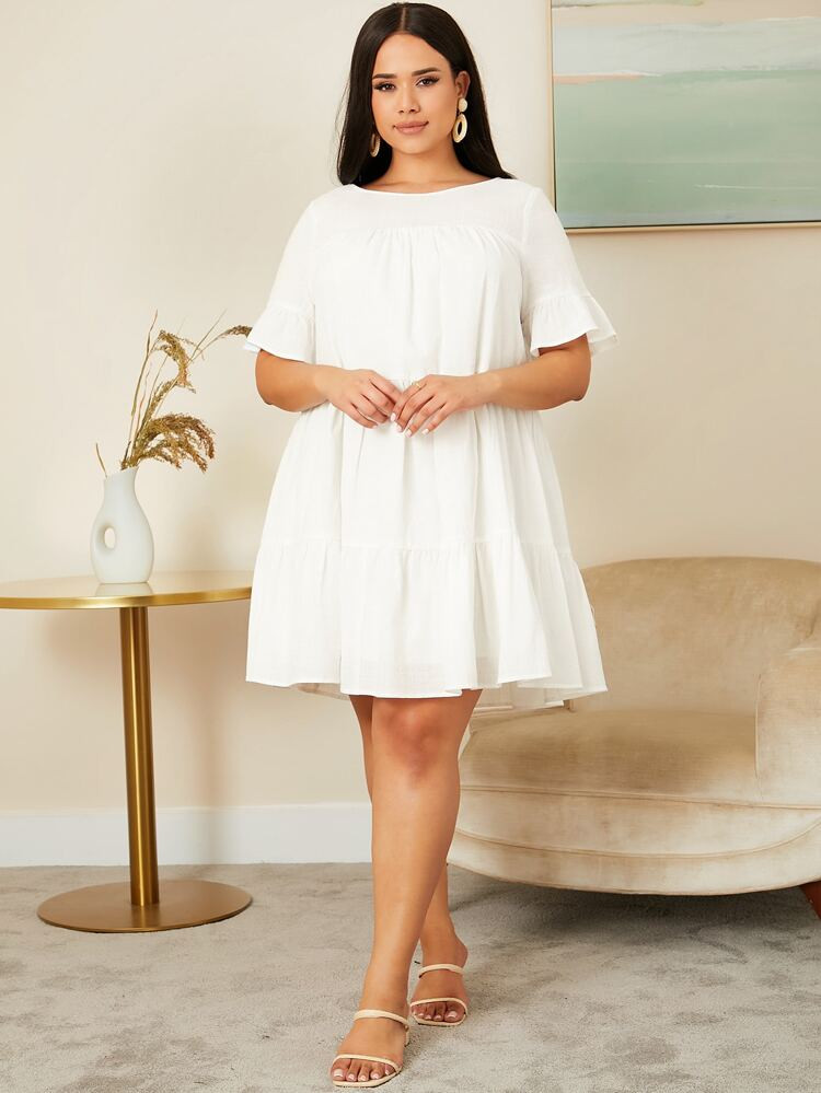 SHEIN Unity Plus Solid Ruffle Hem Flounce Sleeve Dress | SHEIN