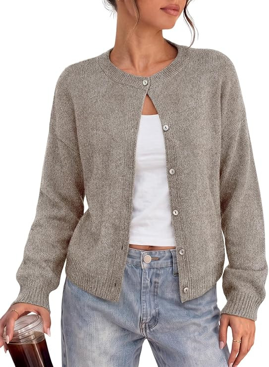 LILLUSORY Womens Crew Neck Button Down Cardigan Sweater | Soft Heathered Knit Texture, Open-Front... | Amazon (US)