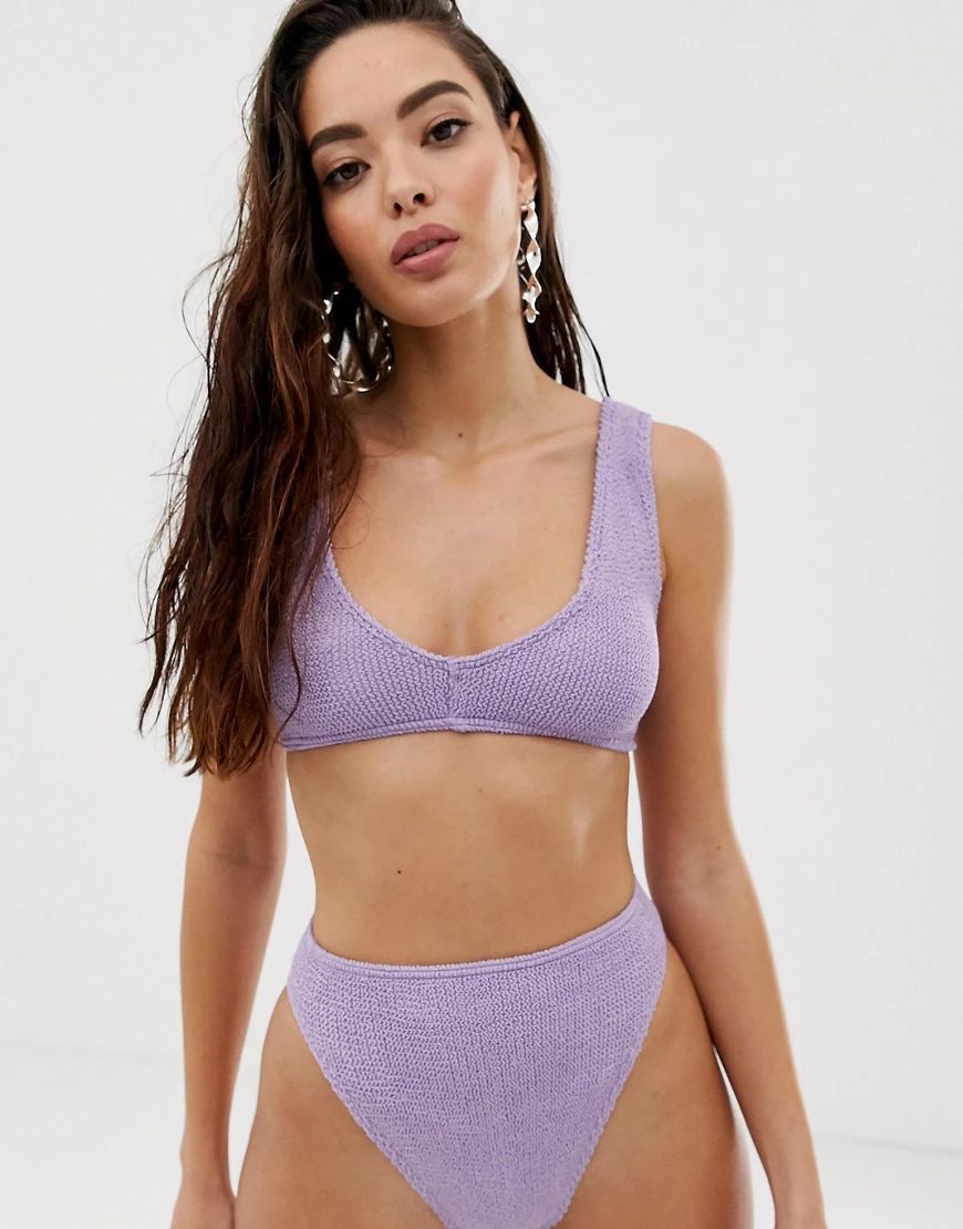 ASOS DESIGN mix and match crinkle high leg high waist bikini bottom in shiny lilac-Purple | ASOS (Global)