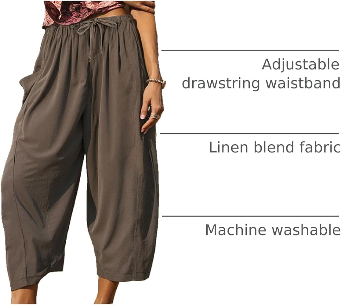 TARSE Womens Linen Wide Leg Pants Casual Loose Drawstring Summer Beach Travel Vacation Palazzo Ha... | Amazon (US)