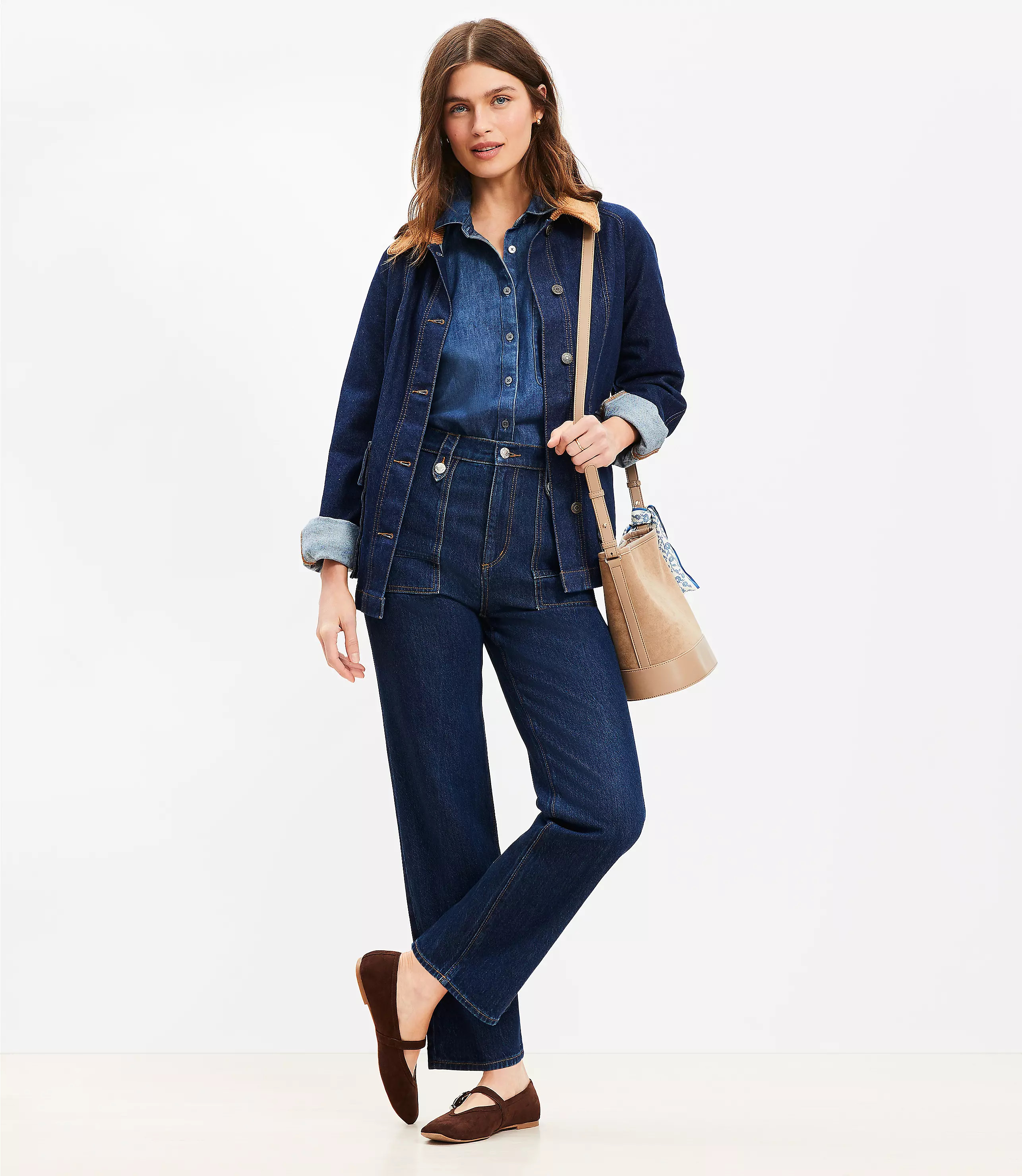 High Rise Straight Utility Jeans in Mid Indigo Wash | LOFT