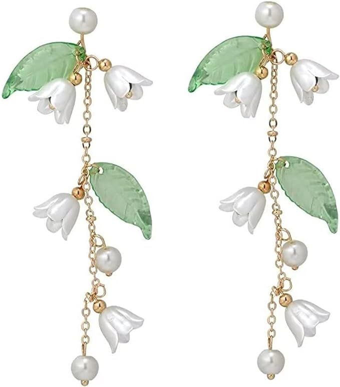 Lily of the Valley Earrings for Women Dangling Flower Earrings Clip Pearl Drop Dangle Lily Earrin... | Amazon (US)