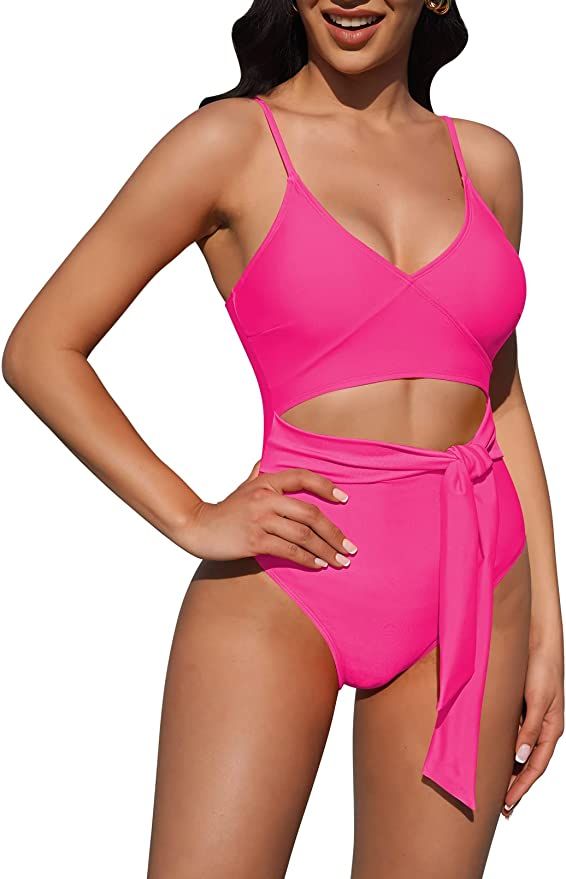 Pink Queen Women's One Piece Wrap V Neck Cutout Tie Knot High Cut Tummy Control Swimsuit Monokini | Amazon (US)