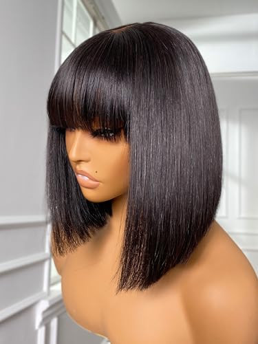 LUVME HAIR 10 Inch Silky Straight Bob Wig with Bangs Human Hair Realistic HD Lace Short Black Bob Wigs, Ready to Go Blunt Cut Bob Wig Glueless 180 Density | Amazon (US)