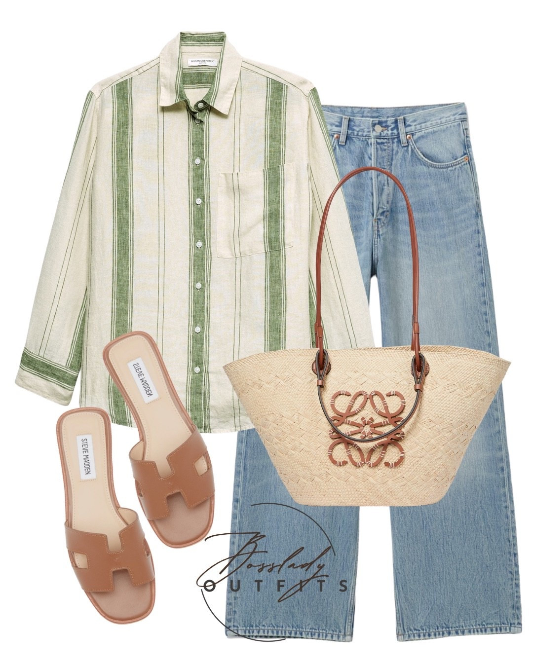 Effortless Coastal Chic 🌿
Ready for warmer weather with this easy, breezy casual look! A classic green and white striped button-down is a closet staple that pairs perfectly with relaxed, light-wash denim. Complete the outfit with essential tan slide sandals and a statement woven straw tote for that ultimate effortless vibe. Perfect for a weekend brunch, a farmer's market run, or your next vacation packing list.

#LTKshoes #LTKstyletip #LTKsummer