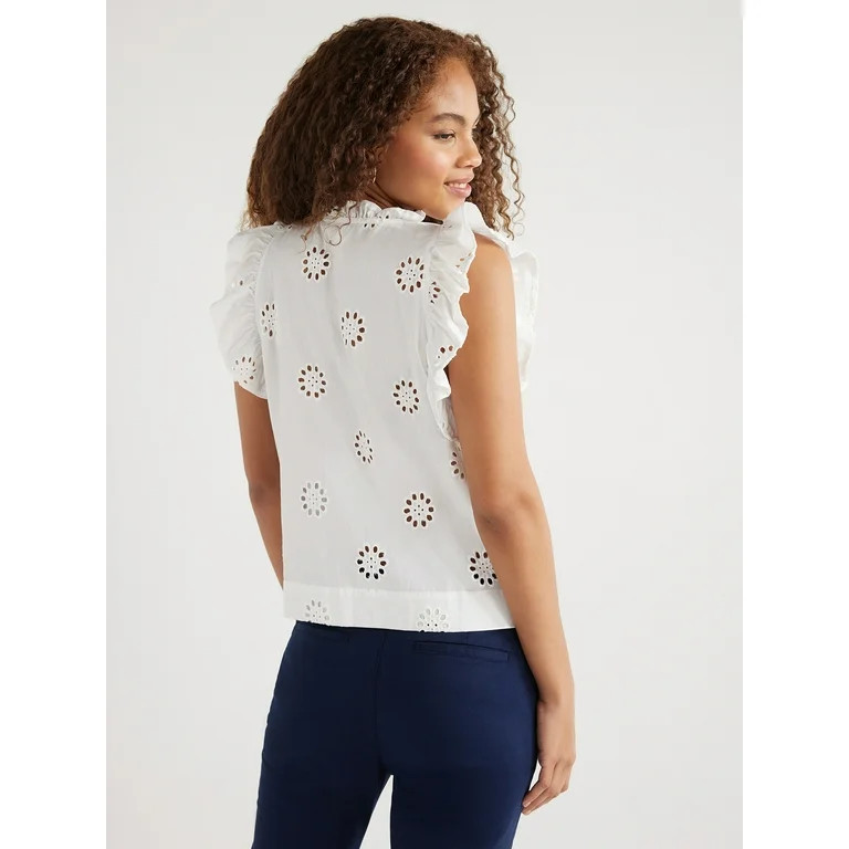 Free Assembly Women's Cotton Sleeveless Flutter Eyelet Top, Sizes XS-XXL - Walmart.com | Walmart (US)