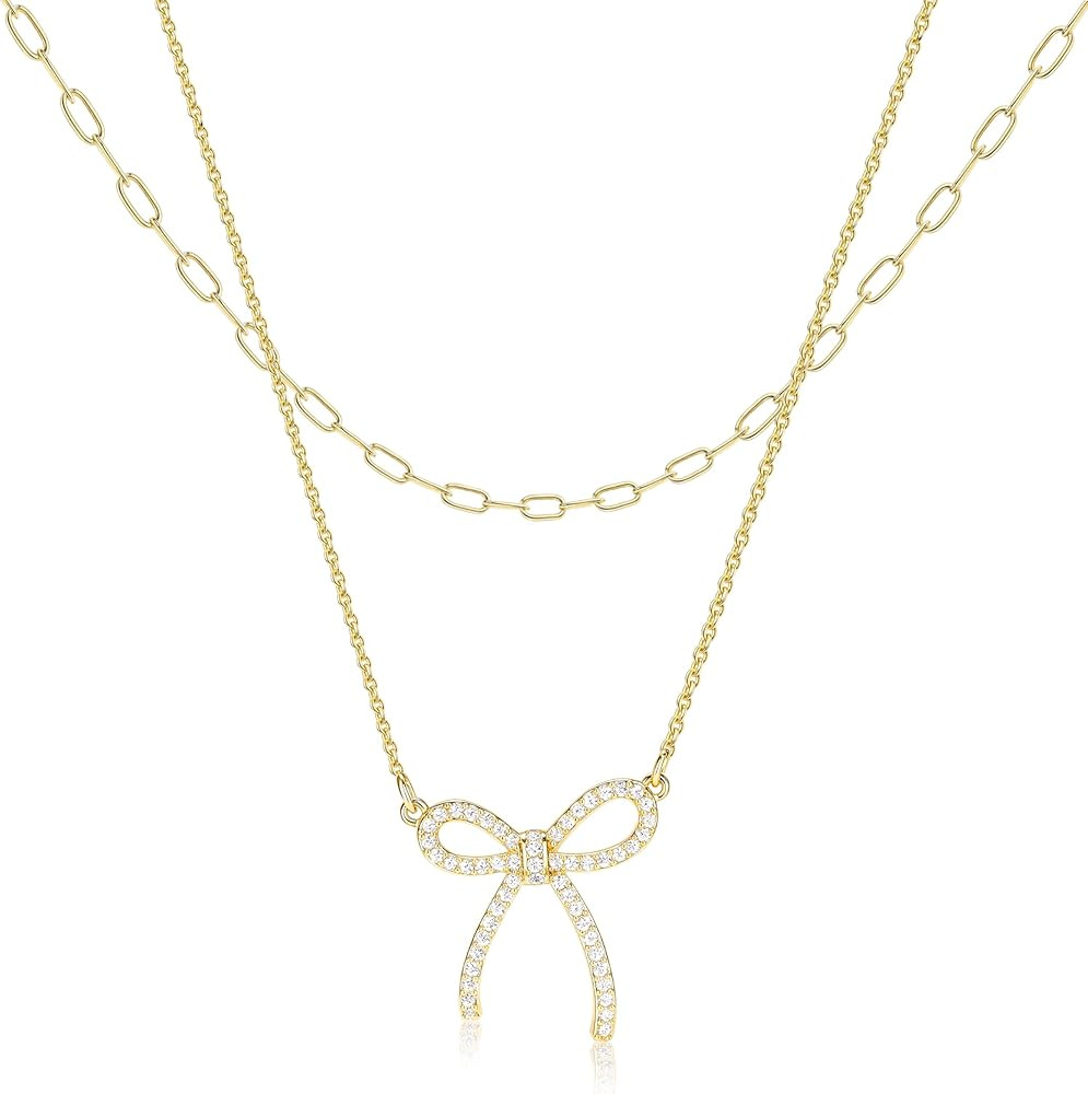 Christmas Stocking Stuffers for Women, Cute Gold Bow Necklace Stack, Diamond Bow Statement Pendan... | Amazon (US)