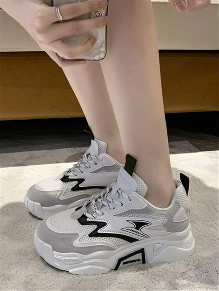 Color Block Lace-up Front Chunky Sneakers | SHEIN