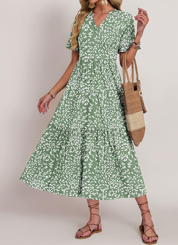 AUSELILY Sommerkleid Damen Lang V Ausschnitt Maxikleider Damen Sommer Rüschen Kurzarm Strandklei... | Amazon (DE)