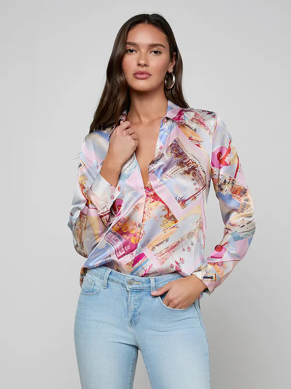 Tyler Silk Blouse in Light Pink Multi Large Postcard Print | L'AGENCE | L'Agence