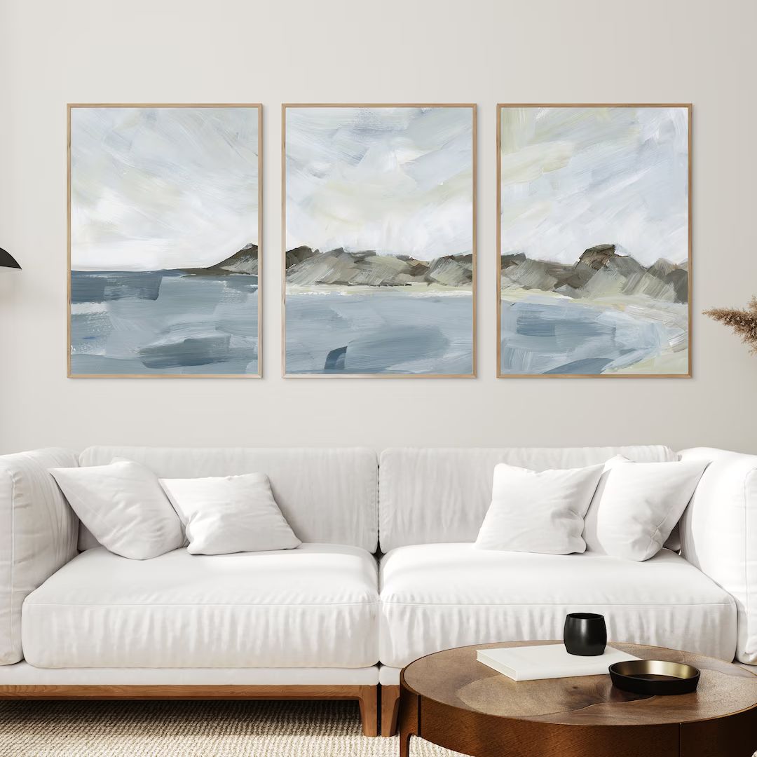 Coastal Wall Art Coastline Painting Beach Decor Modern Shore Neutral Gray and Blue Triptych Set o... | Etsy (US)