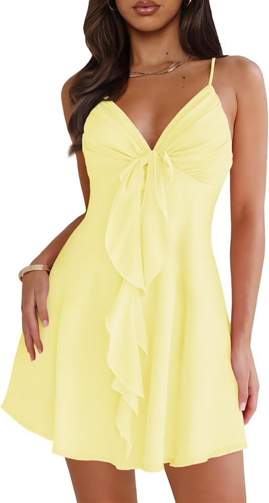 MIYIEONZ Women Sleeveless Sexy V Neck Summer Dress for Women Casual Flowy Beach Club Party Spaghe... | Amazon (US)