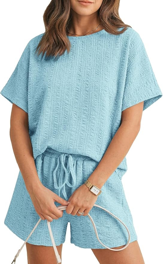 Tankaneo Womens 2 Piece Outfits Shorts Set Summer Casual Short Sleeve Crew Neck Textured T Shirts... | Amazon (US)