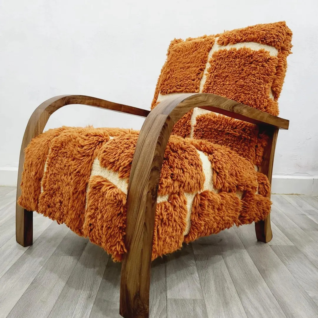 Vibrant Orange Wool Armchair With Natural Wood Frame Custom Walnut Boucle Armchair Handmade Vinta... | Etsy (US)