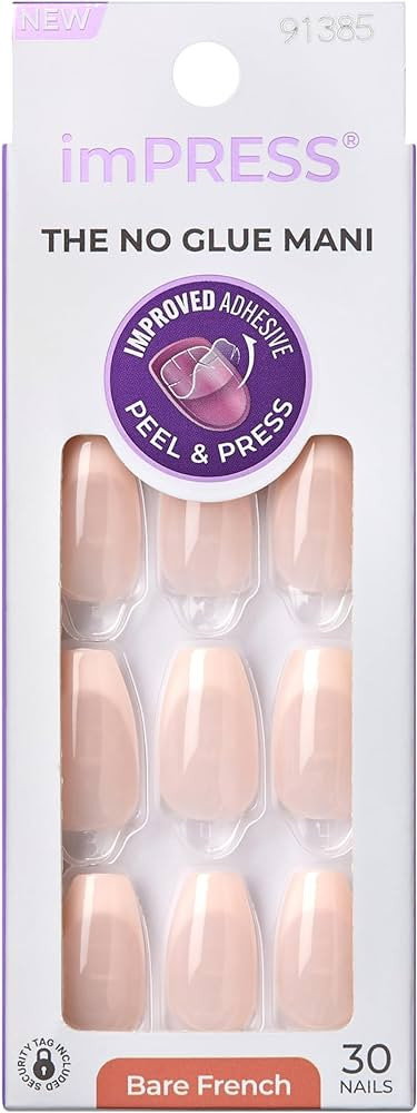 KISS imPRESS No Glue Mani Press On Nails, French, 'Genuine', Light Neutral + White Tip French, Me... | Amazon (US)