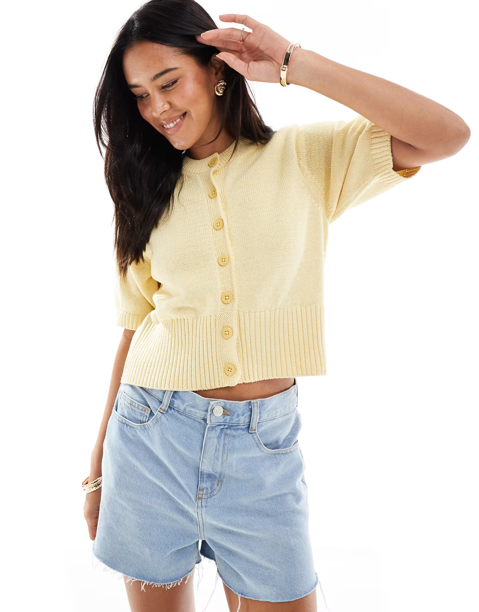 ASOS DESIGN knitted compact short sleeve cardigan in buttermilk | ASOS (Global)