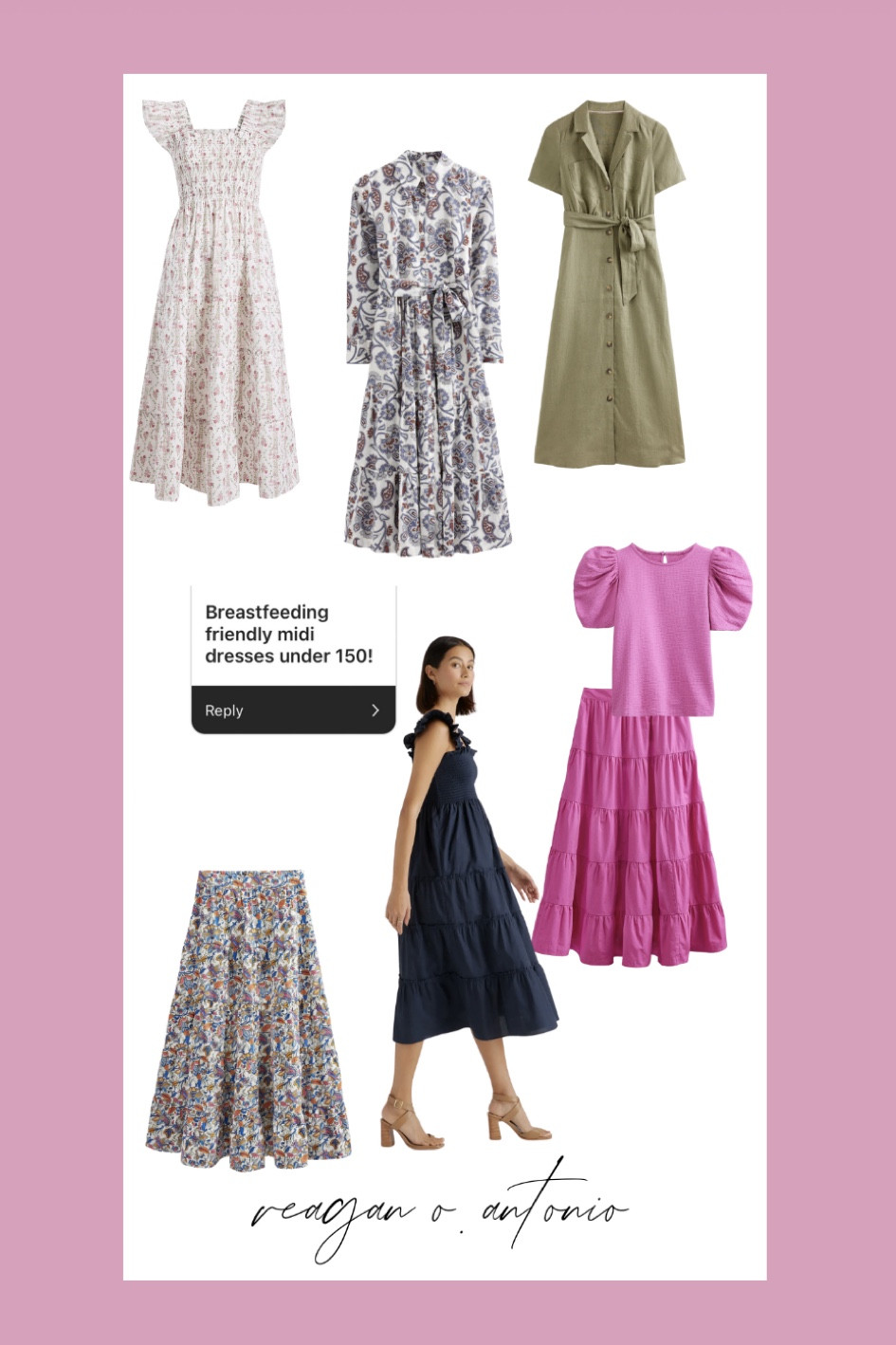 shirt dresses/functional buttons, separates so you can lift your top, smocking so you can move it out of the way or straps so you can shimmy them down your shoulders. the green one comes in two other colors and is on major sale! I would ditch the included belt for a wide raffia belt 😍

nursing friendly breastfeeding friendly midi length dress 

#LTKstyletip #LTKbump #LTKbaby