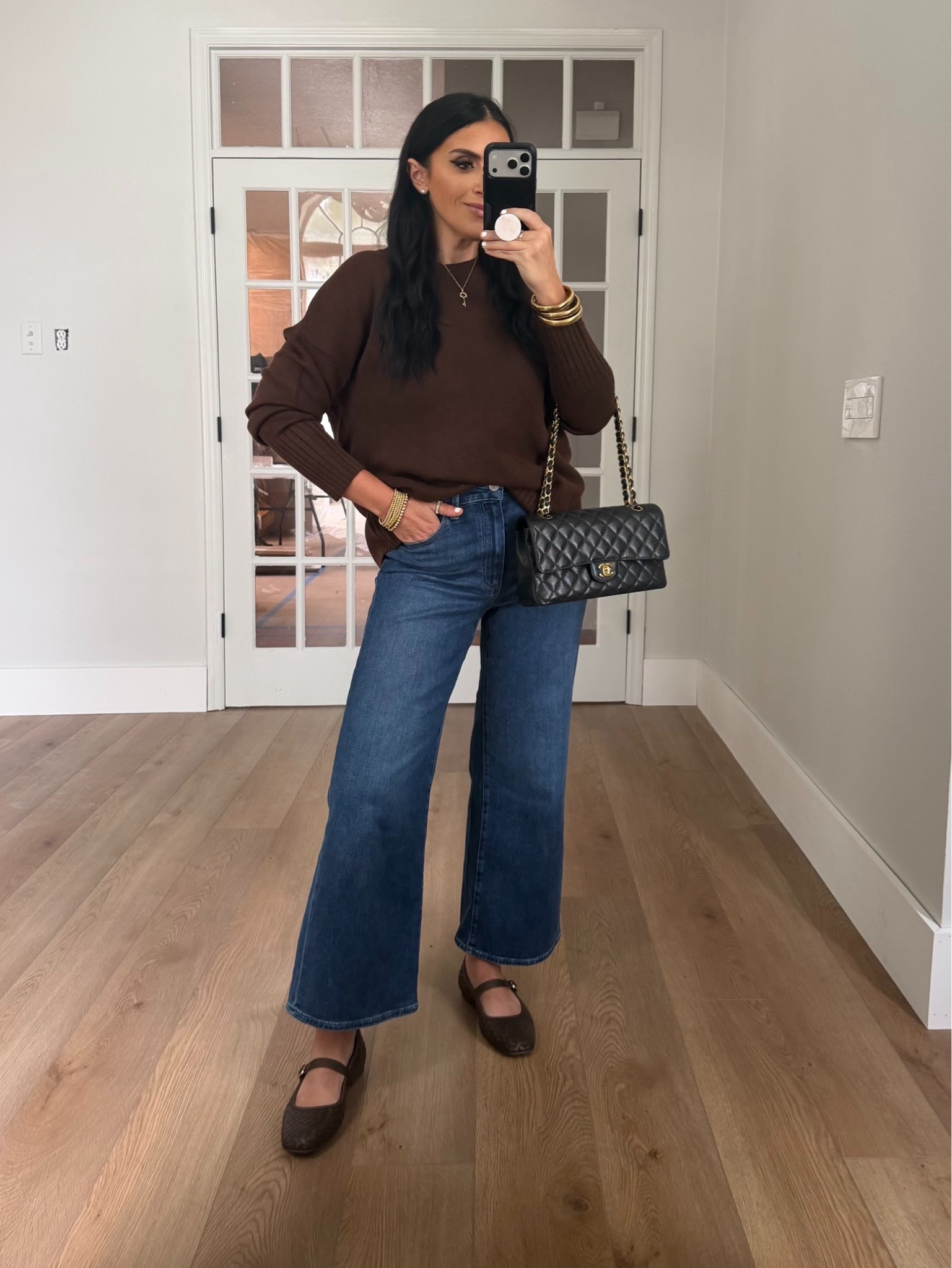 Pistola Kyra High Rise Flare Jeans. Oversized Sweater wearing size small.