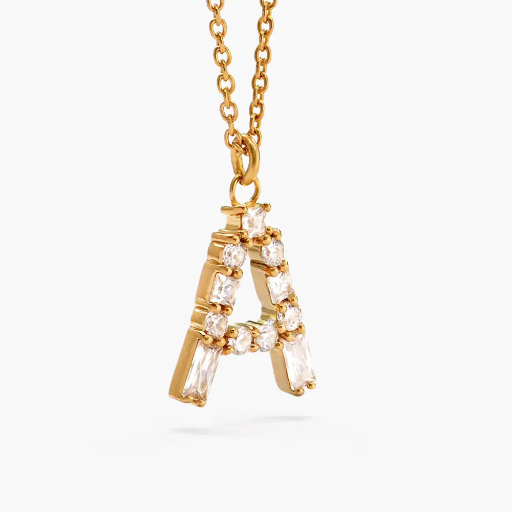 Baguette Cut Cubic Zirconia Initial Necklace-  Gold Vermeil | Oak & Luna (US)